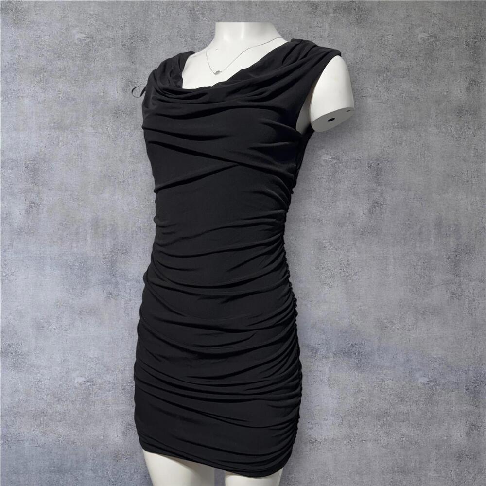 Black Ruched Mini Dress with Cowl Neck